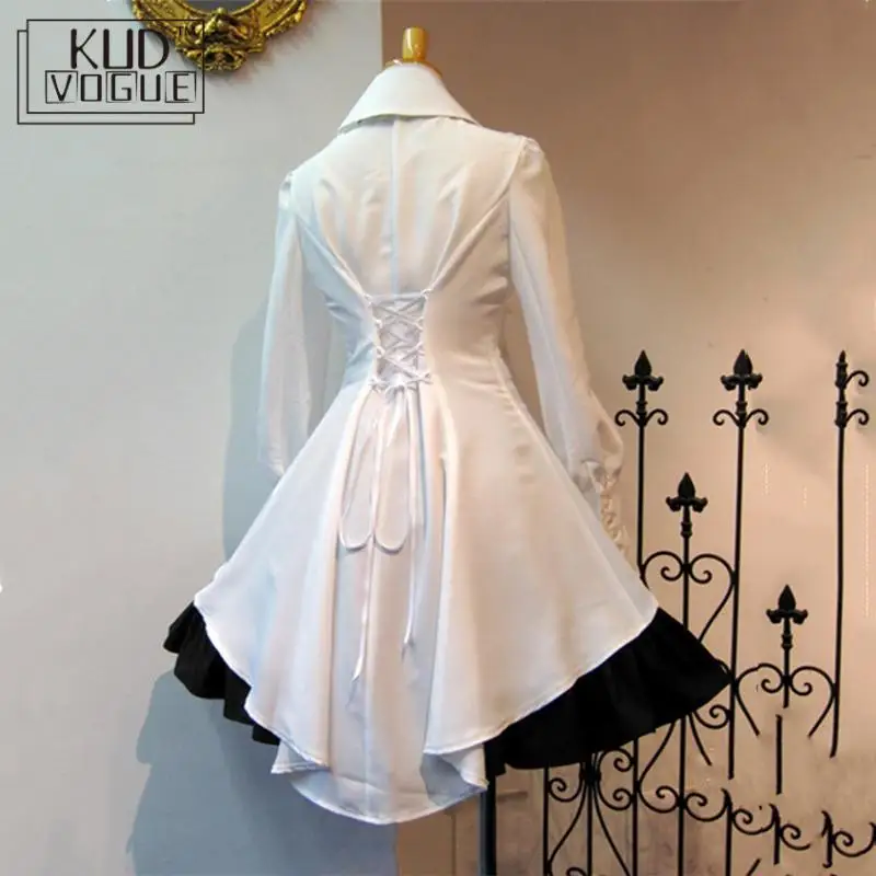 Victorian Gothic Women Cosplay Set Medieval Shirt Dress Pleated Skirt 2pcs Suit Black White Plus Size Lolita Bow Collar Vintage