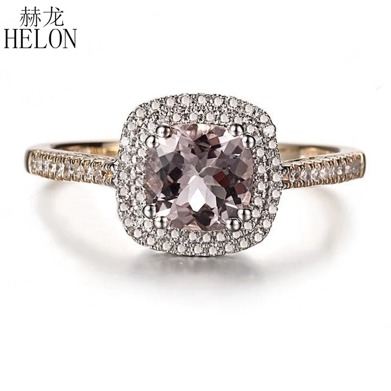 

HELON Solid 10K Yellow & White Gold Flawless Cushion 6mm Genuine Morganite Diamond Women Jewelry Engagement Wedding Diamond Ring