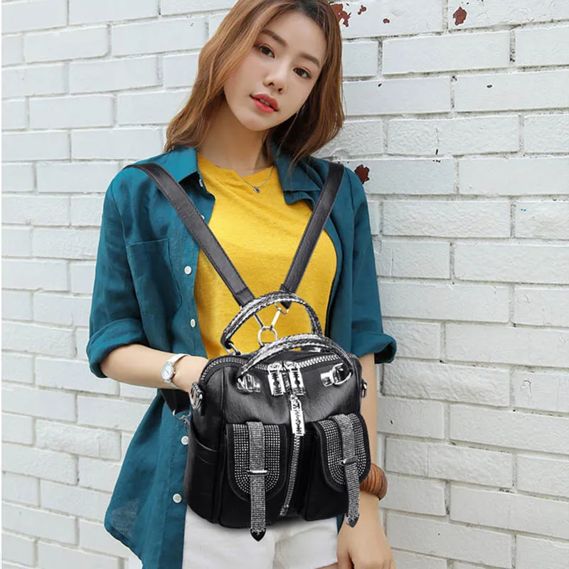 Female Small School Bag for Girls High Quality Shoulder Bags for Women Luxury Double Pocket Women Leather Backpack