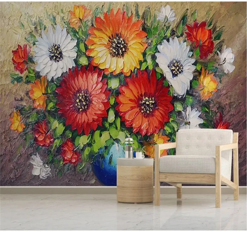 Custom wallpaper hand-painted oil painting flower vase flower arrangement wall-high-grade waterproof material