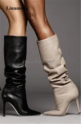 Women New Fashion Pointed Toe Knee High Stiletto Heel Boots Slip-on Leather Long High Heel Boots Formal Dress Heels Shoes