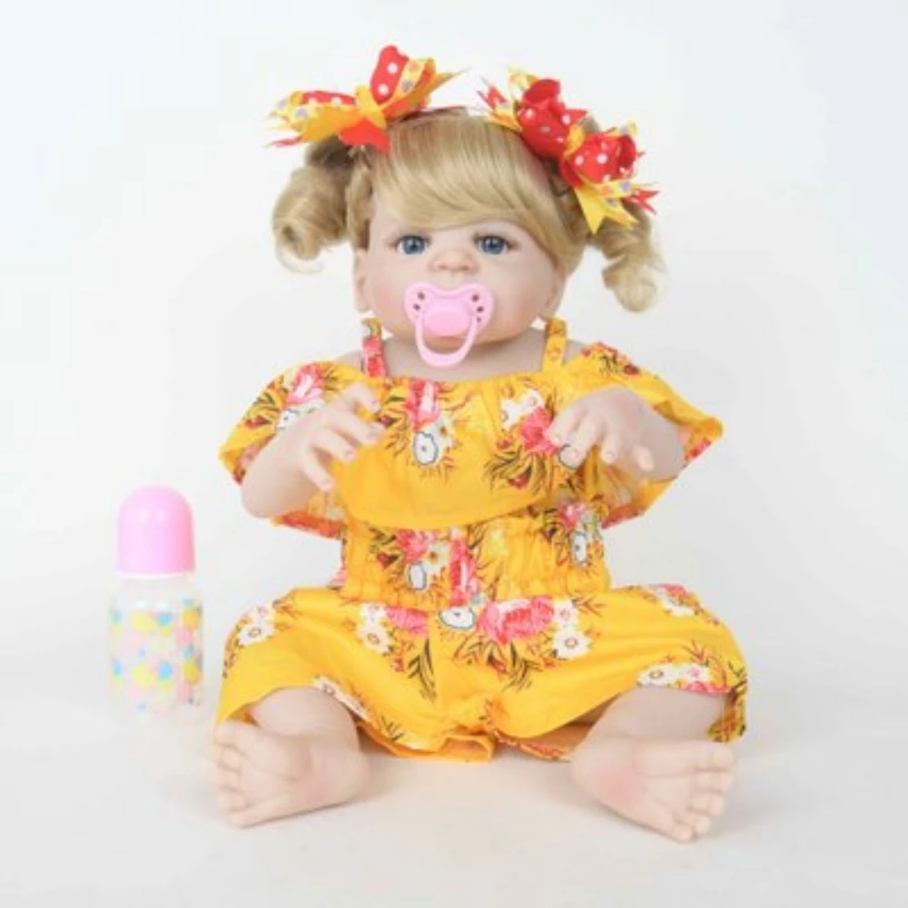 

Full body silicone rebirth doll, pure handmade, yellow hairpin, curly hair, yellow beautiful clothes, children's holiday gifts,