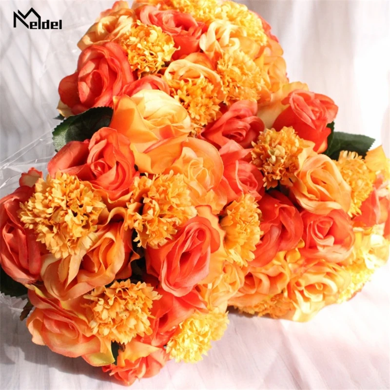 Meldel Wedding Bouquet สำหรับ Bridesmaids เจ้าสาวประดิษฐ์ดอกไม้ผ้าไหมกุหลาบคาร์เนชั่น DIY Mariage อุปกรณ์ตกแต่งบ้าน