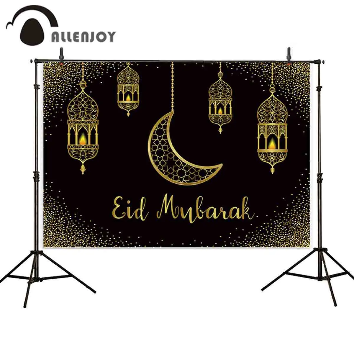 

Allenjoy Eid Mubarak black background golden sand moon Islamic Hanging Lamps Ramadan Kareem photophone backdrop photocall