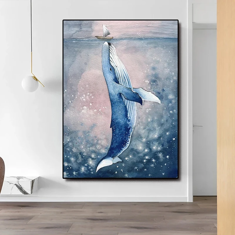 Big Whale with Little Ship Canvas Paintings Posters and Prints Quadros Wall Art Picture for Living Room Wall Decoration Cuadros