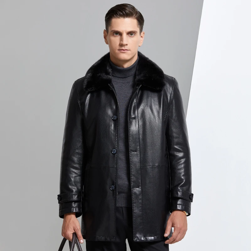 2025 جديد الرجال سترة دافئة الفراء بطانة الشتاء سترة جلدية الرجال الأسود/القهوة الفراء طوق انفصال فيستي أوم ، حجم كبير M-4XL
