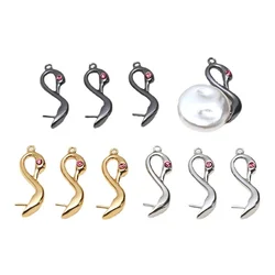 2 pcs of copper gold-plated diamond inlaid sweet double-sided Swan DIY jewelry baroque pearl empty support pendant accessories
