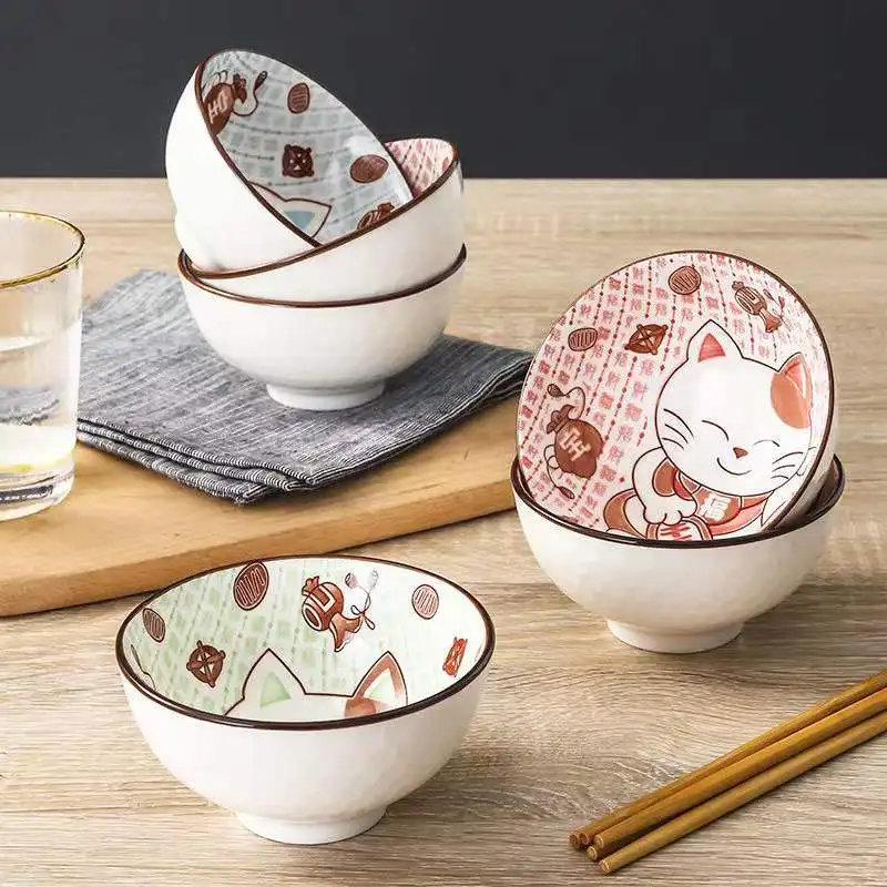 4Pcs/set Ceramic Tableware Lucky Cat Tableware Set Blue and White Porcelain Bowl Ceramic Bowl Gift Box Dinner Sets Bone China