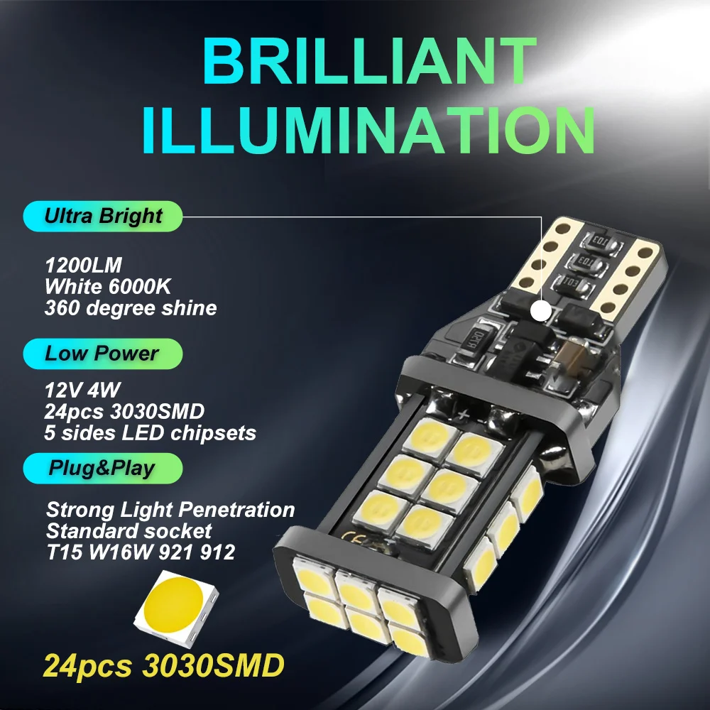 50Pcs 1200Lm T15 T16 W16W LED Reverse Light Bulbs 920 921 912 Canbus Error Free LED Backup Parking Lamps DC12V High Lights T10