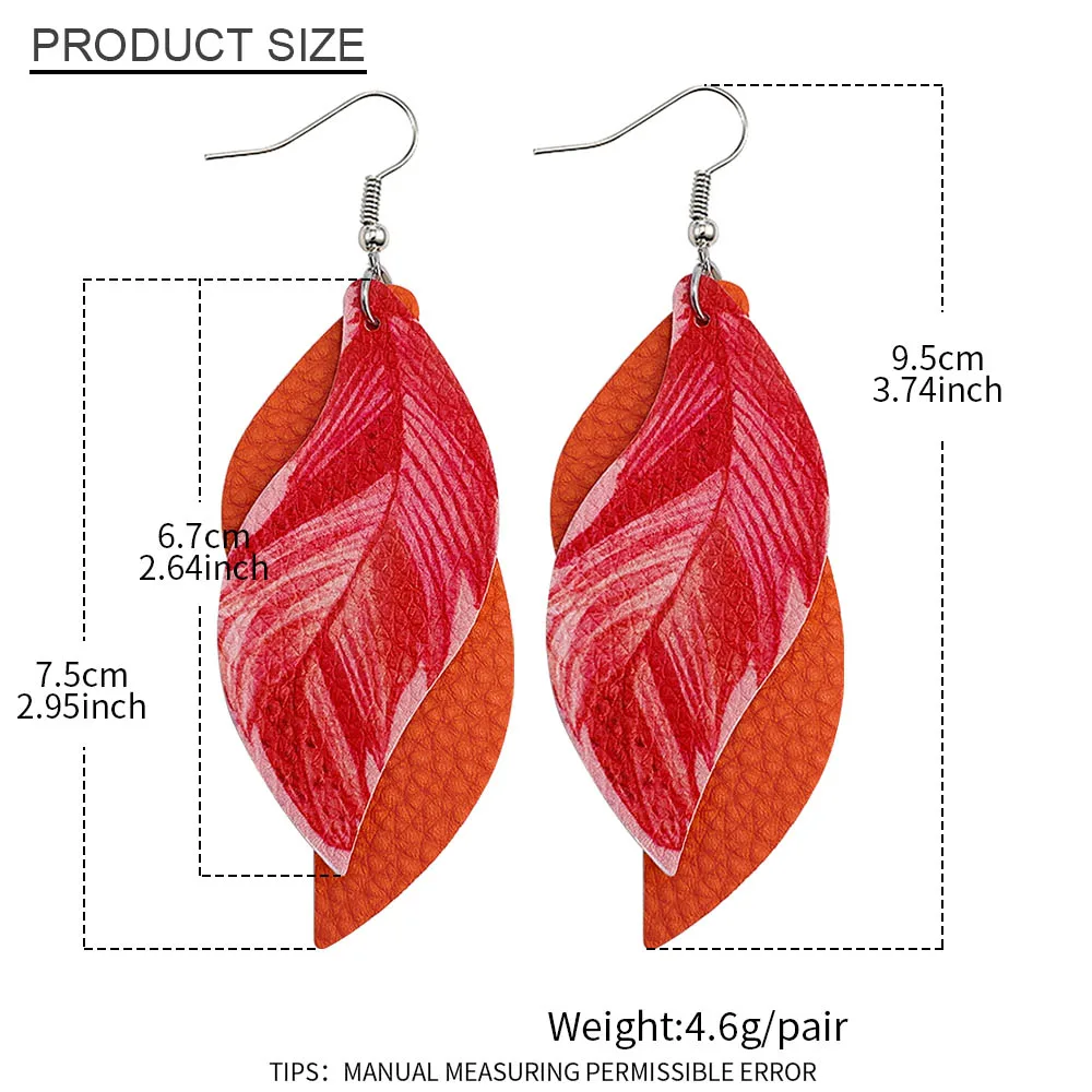 1Pair Multicolor Feather PU Leather Drop Earrings Double layer  Women Girls Wedding Party  Fashion Jewelry Gifts