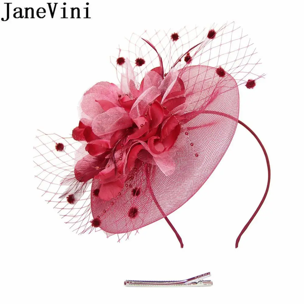 JaneVini 우아한 녹색 신부 모자 Fascinators 깃털 로얄 웨딩 모자 화이트 메쉬 여자 연회 티 파티 머리핀 머리띠