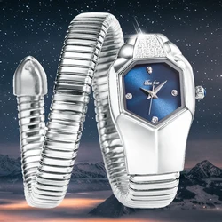 Heiße Art Und Weise Frauen Uhr Silber Edelstahl Armreif Damen Uhren Schlange Form Diamant Quarz Armbanduhren Relogio Feminino