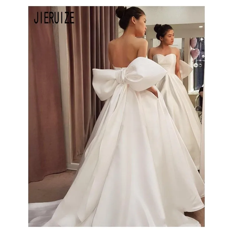 Jieruize moda voltar design vestidos de casamento com arco grande querida pescoço sem costas simples cetim vestidos de noiva novia