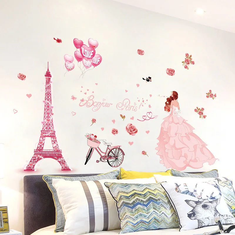 Romantic Pink Flower balloon Wedding Girl Love Wall Stickers For Girls Room Decoration Hello Paris tower Mural Pvc Art Wallpaper