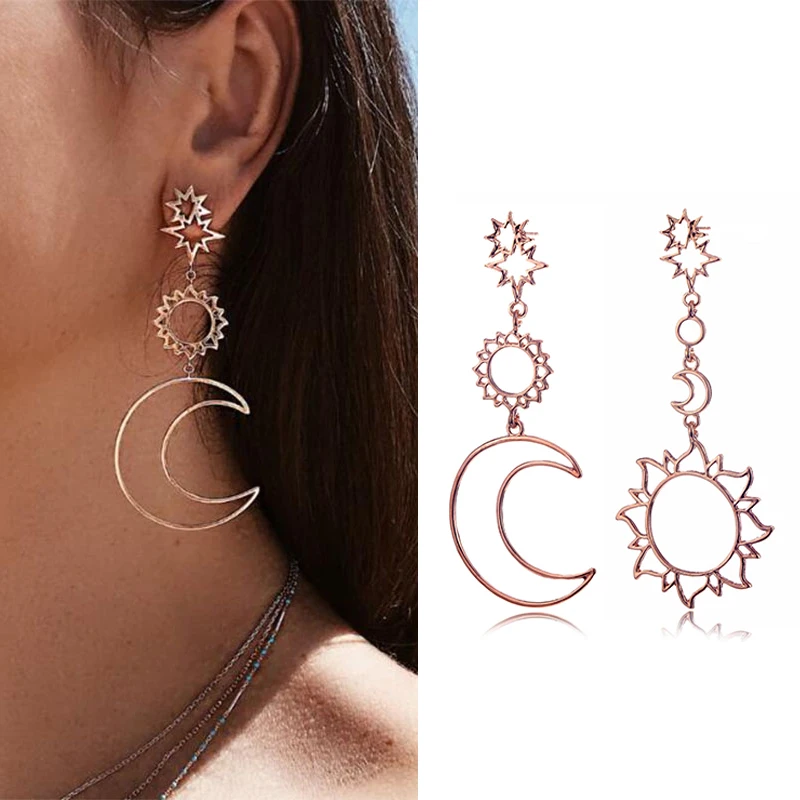 EN Korean 2021 Fashion New Star Dangle Drop Earrings Simple Sun Moon Asymmetric Exaggeration Earrings Ladies Wholesale Brincos