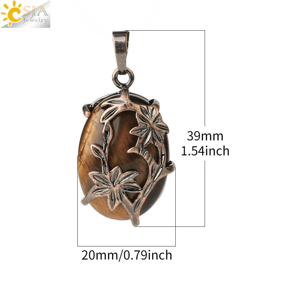 CSJA Vintage Egg Shaped Pendants Natural Crystal Stone Antique Copper Plated Flower Half Moon Pendant DIY Necklaces Jewelry G600