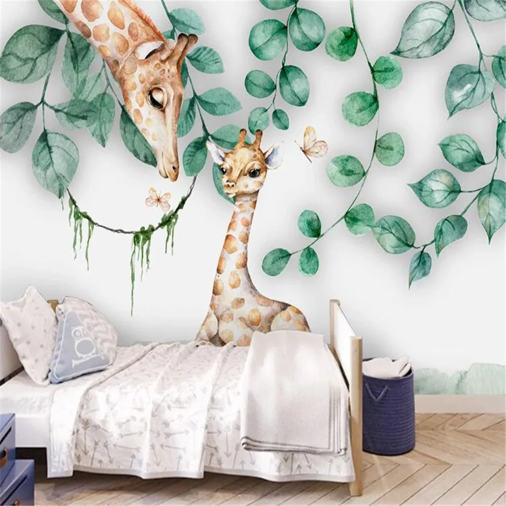 Milofi custom 3D wallpaper mural Nordic minimalist leaves cute animal giraffe children's house background wall