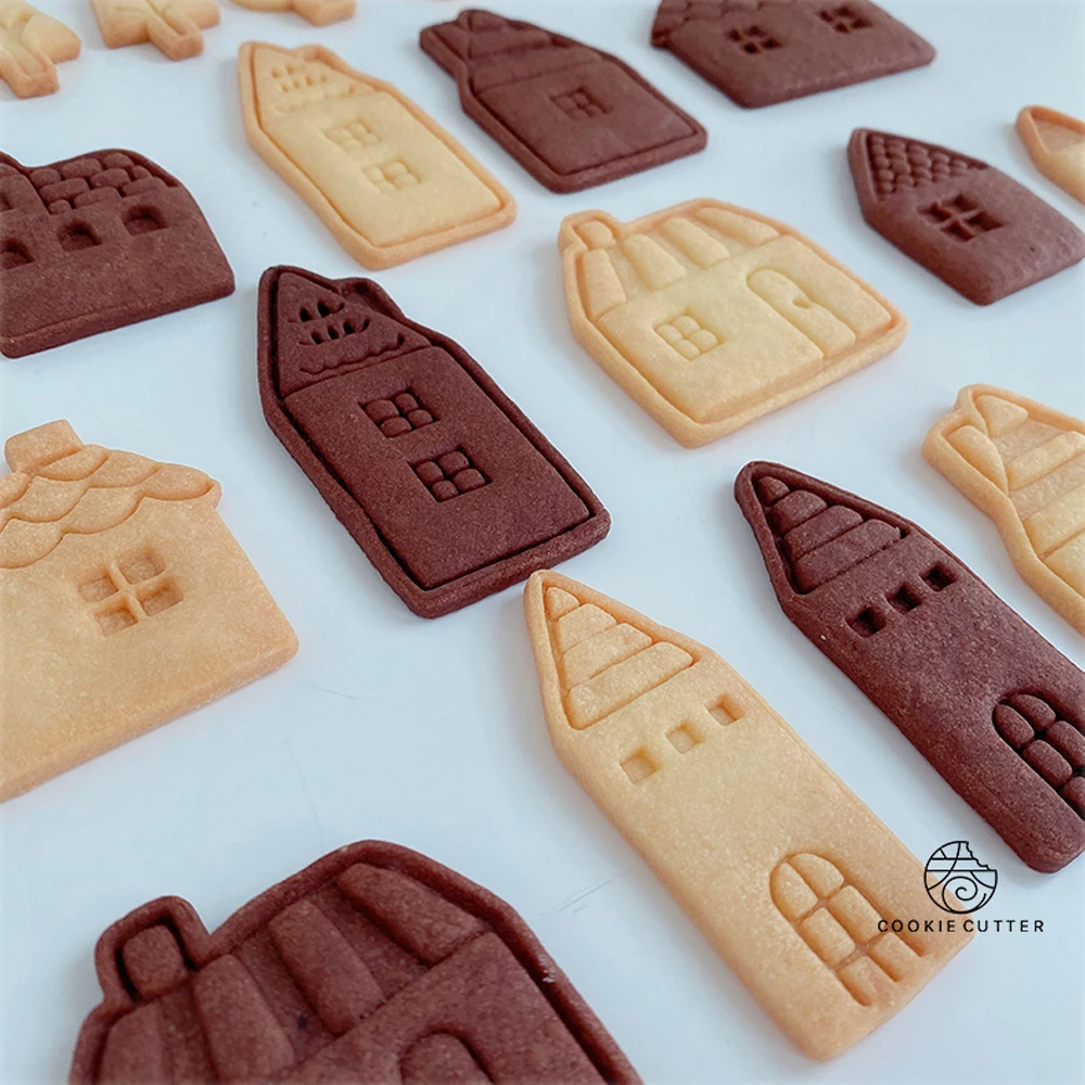 Town Theme House Shape Biscuit Mold Tree Bee Apple Cloud Pattern Cookie Stamp Mold Home DIY Fondant Sugar Craft Baking Mold