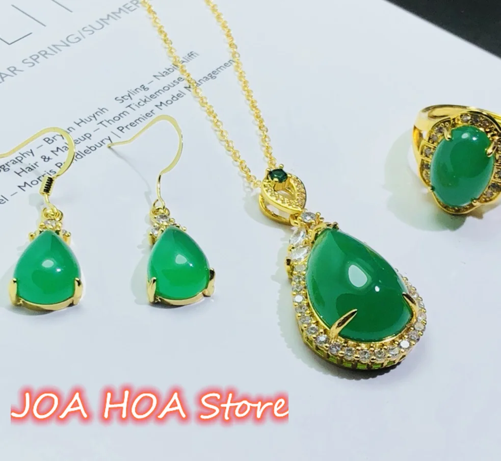 

Fine Genuine 925 Silver Gold-plated Inlaid Natural Chalcedony Agate Jade Earrings Pendant Ring Handring Chain Jewelry Sets