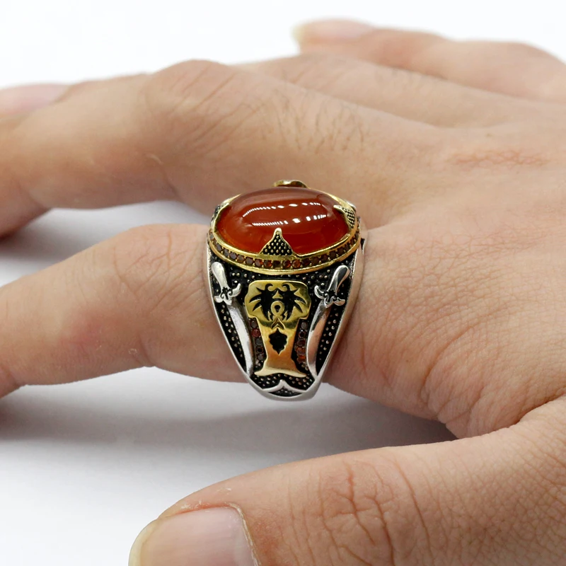 Genuine 925 Silver Men\'s Ring With Aqeeq Stone Islam Muslim Double Swords Vintage Rings Turkish  Jewelry Skull Fine Jewelry Gift