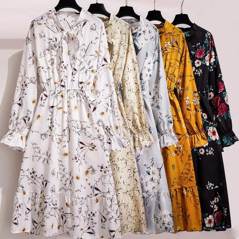 

Women Floral Chiffon Dress Autumn Winter Long Sleeve Elastic Waist Bow Collar Casual Elegant Party Office Dresses Vestidos