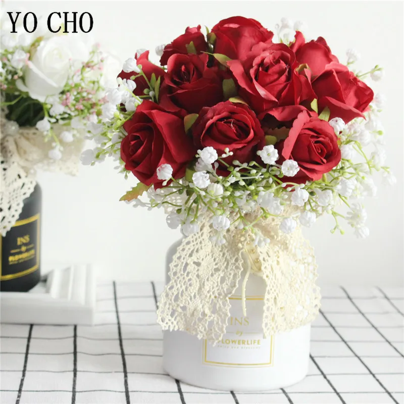 YO CHO Bouquet Bride Wedding Flower Bouquet Artificial Silk Rose Fake Babys Breath Pink Bridesmaid Hold Flower Wedding Supplies