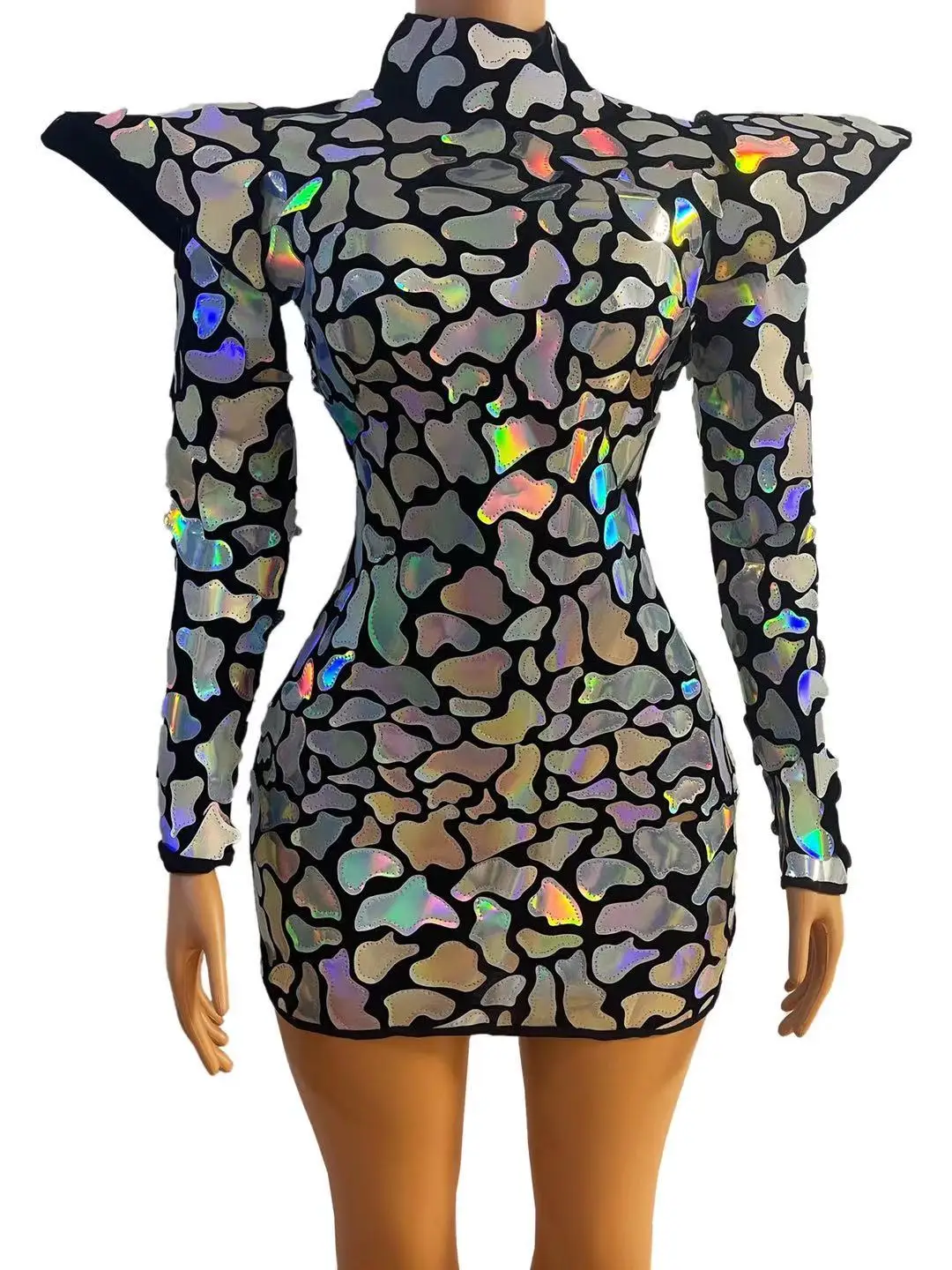 Cool Nightclub Women Singer Models Stage Performance Costume Silver Laser Faux Mirrors Sequins Dress Evening dresses