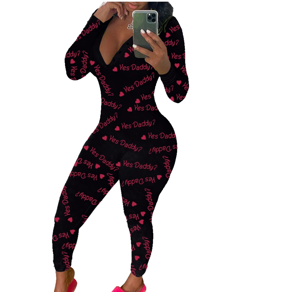 Women Letter Printing Jumpsuit Pajamas V-Neck Romper Home Wear Teen Girls Sexy Bodysuit Adult Nightgown Onesies