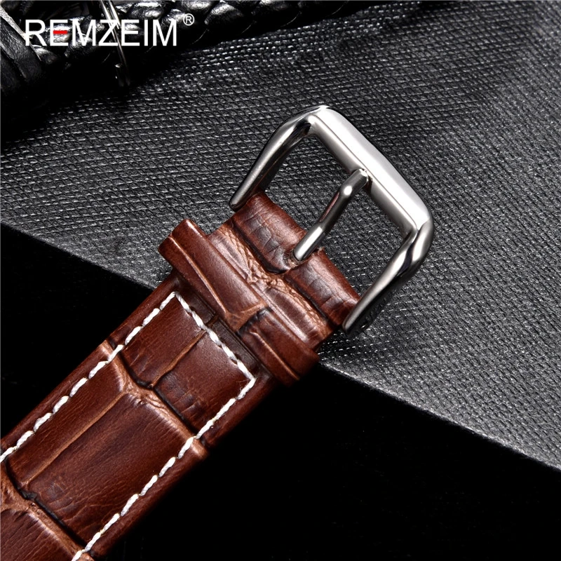 REMZEIM Leather Watchband Strap 16/18/20/22/24MM Calfskin Watchband Stainless Steel Buckle Watch Accessories Black Brown