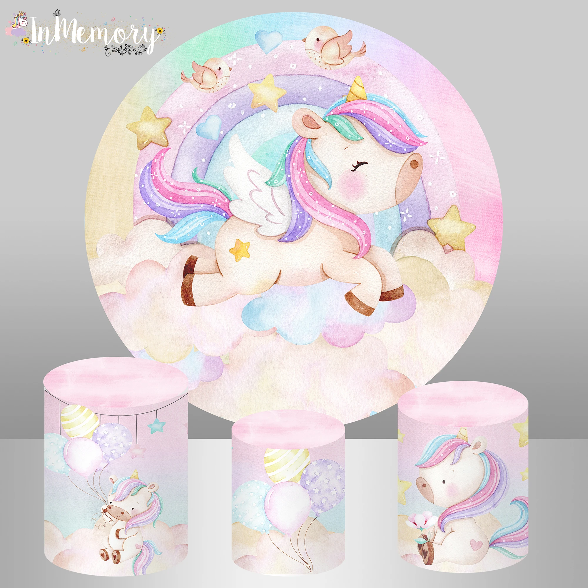 

Rainbow Unicorn Birthday Circle Backdrop Cover Baby Girl Birthday Party Decoration Round Background Cake Table Banner