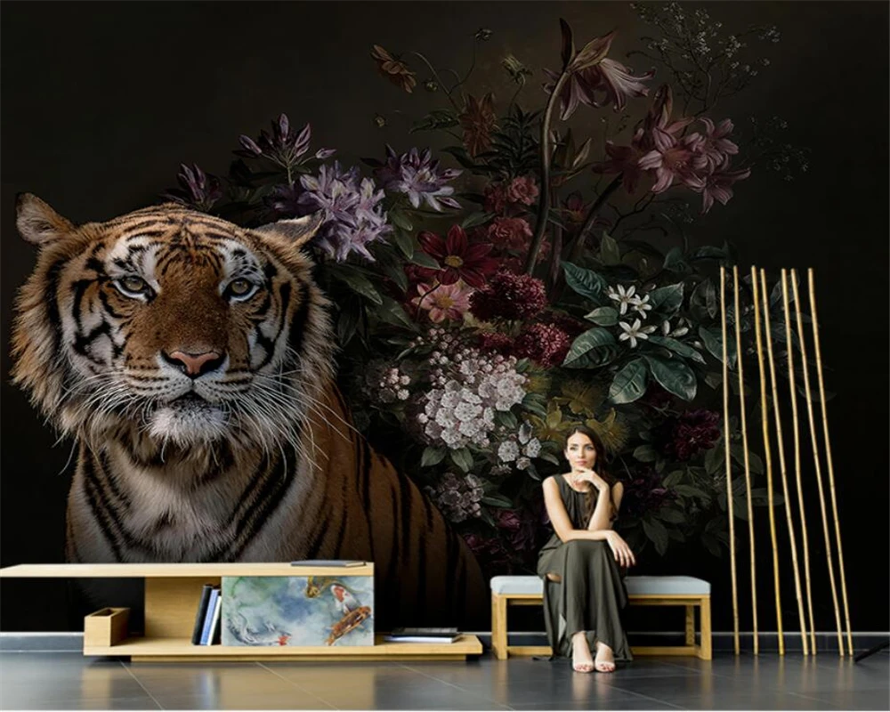 

beibehang Современные трехмерные 3D-обои с изображением тропического леса, животных, тигра, растений, водопада, бабочек, настенная роспись