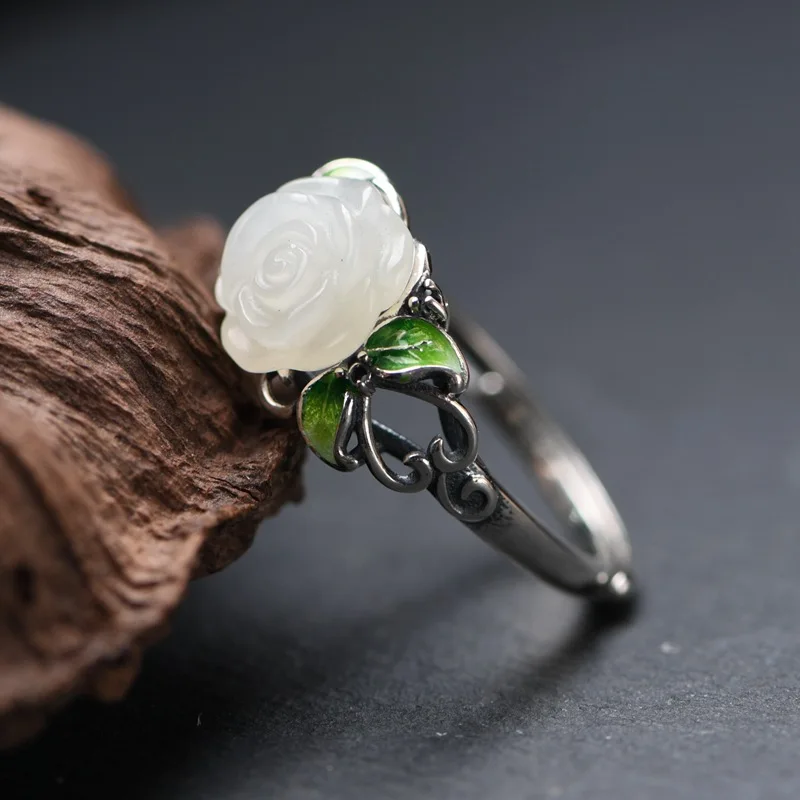 

FNJ 925 Silver Ring for Women Jewelry 100% Original Pure S925 Sterling Silver Rings enameling Flower Natural Heitan Jade