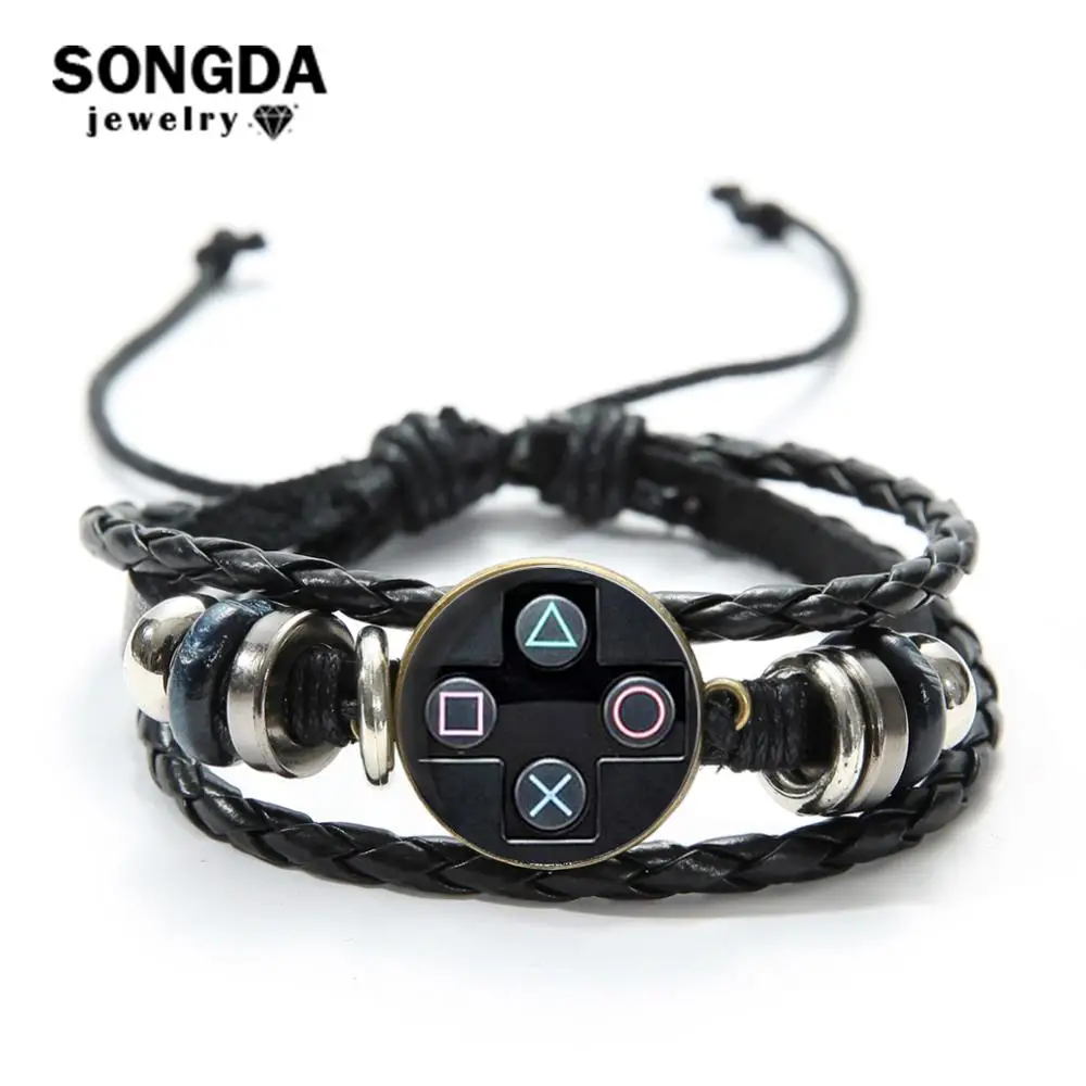 SONGDA Old Video Game Controller Men Leather Bracelet Novelty Handmade Glass Gem Art Photo Charm Bracelet Boys Gift Idea Jewelry