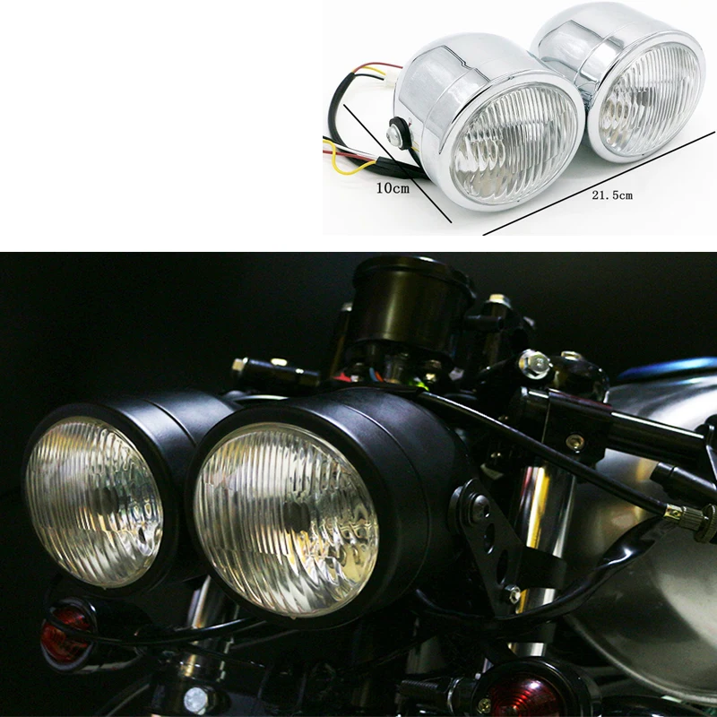 DC 12V Motorcycle Dual Headlight Refit Motorbike Front Light Scooter Motor Retro Black Chrome Headlamp Universal Zinc Alloy Lamp