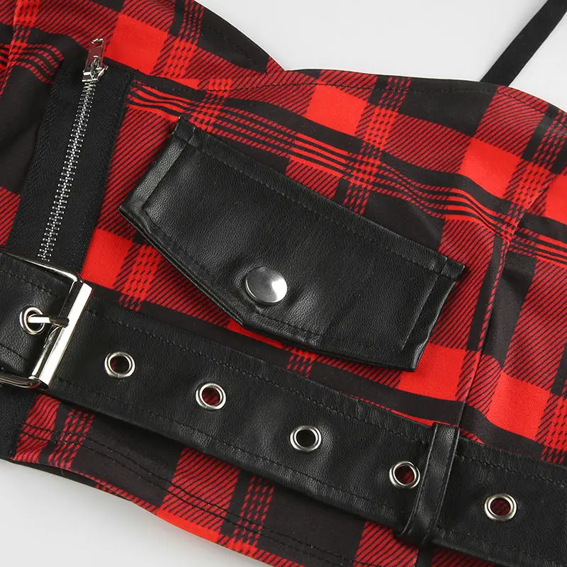 JyoJyo Sexy Y2k Zipper Crop Top Women Pu Leather Summer Sleeveless Black Red Plaid Tank Tops Pockets Vintage Fashion Punk Tops