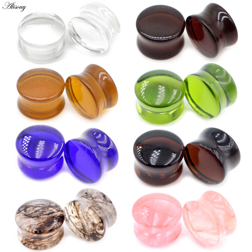 Alisouy 2pcs 3mm-32mm Round Glass Women Men Ear Plug Tunnel Expander Stretcher Flesh Gauges Fake Earrings Body Piercing Jewelry