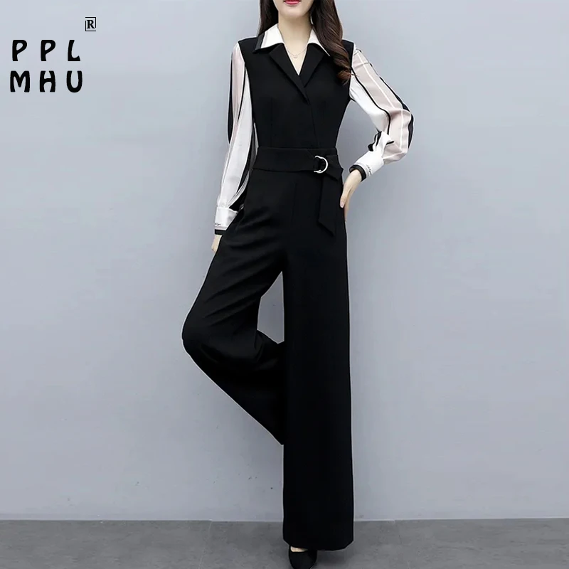 Elegante Slanke Hoge Taille Wijde Pijpen Jumpsuits Vrouwen Koreaanse Mode Lange Mouw Nep Twee Stukken Office Lady Eendelig Broek