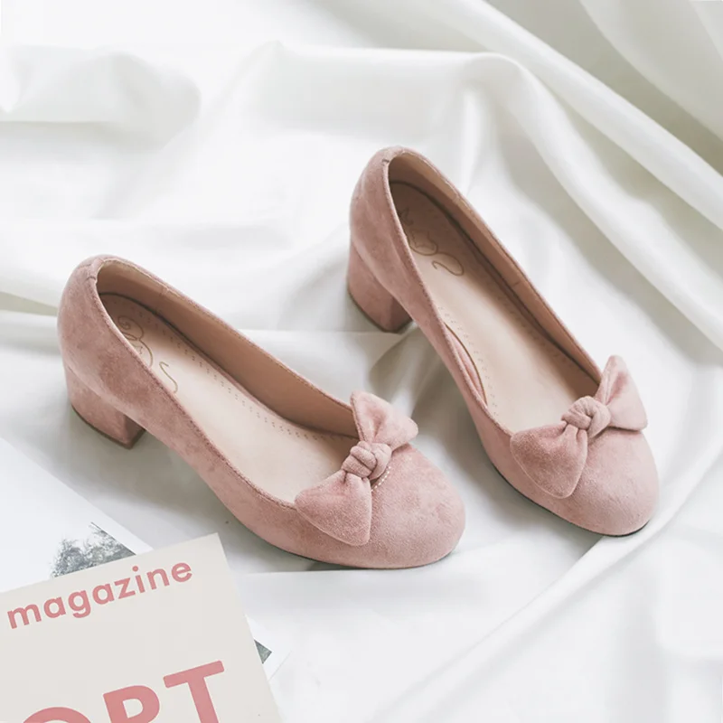 Spring/Summer New Korean Harajuku Style Bowknot Princess Kawaii Girl Women Shoes Retro Suede Coarse Heel Mori girl Lolita Shoes