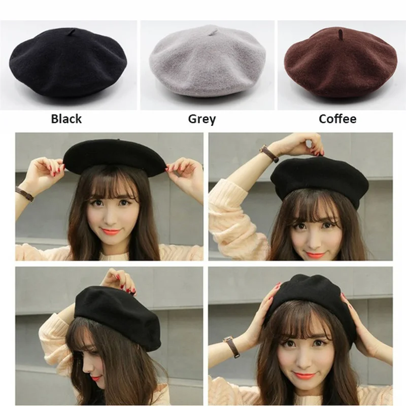 Pretty Women Solid Casual Vintage Women's Hat Beret Plain Cap Girl's Wool Warm Winter Berets Beanie Hats Femme Aldult Caps