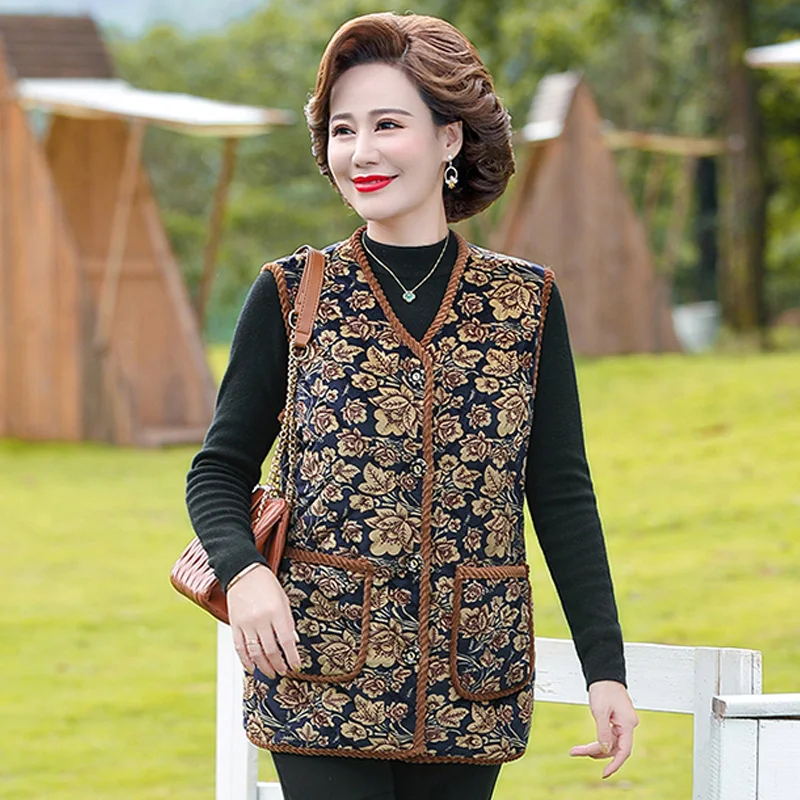 

Women's Fleece Waistcoat Cotton Jacket Fashion Loose Mother Thermal Vests New Autumn Winte Waistcoat Female Print Tops