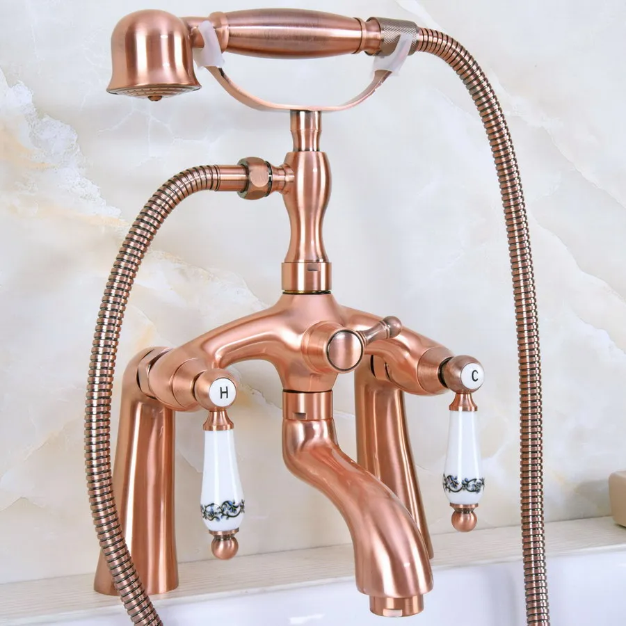 

Antique Red Copper Brass 2 Ceramic Levers Deck Mounted Bathroom Two Holes Clawfoot Tub Faucet Mixer Tap With Hand Shower ana167