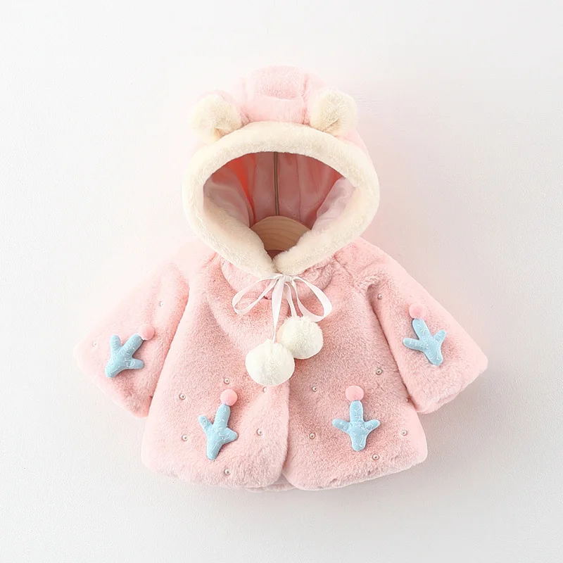 Fall Winter Kids Jacket Newborn Baby Girls Clothes Korean Cartoon Cute Hooded Plus Thick Velvet Warm Faux Fur Toddler Coats 024