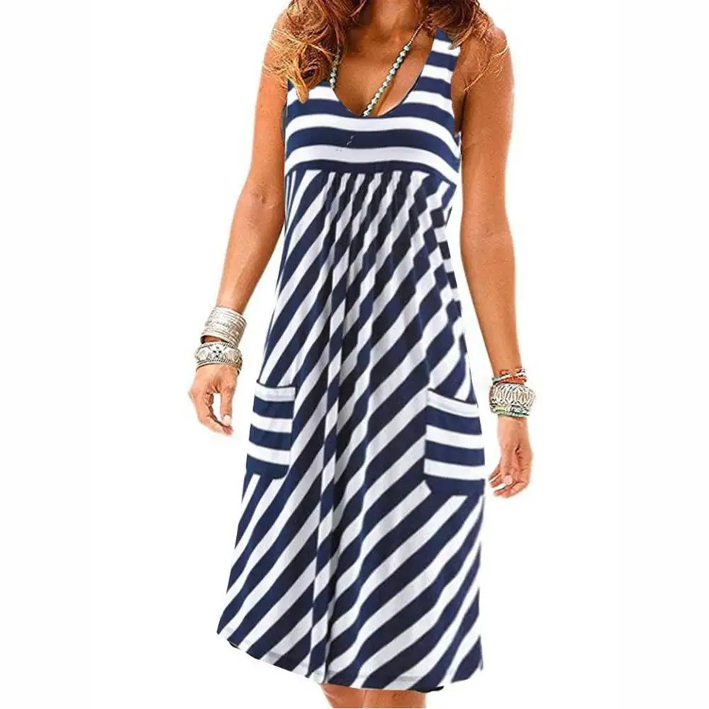 Fashion striped dress  summer dress  loose simple sleeveless dress women\'s clothing