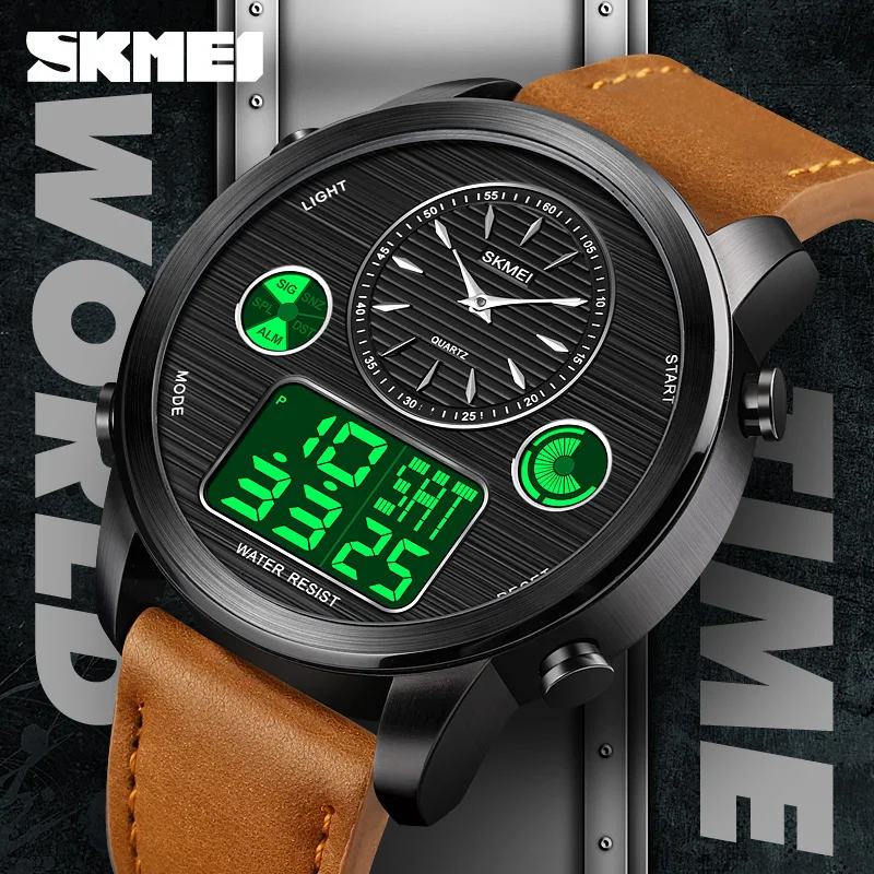 

SKMEI Fashion Mens Watches Top Brand Quartz Watch World Time Led Light Mens Leather Strap Wristwatch Daylight Saving Time