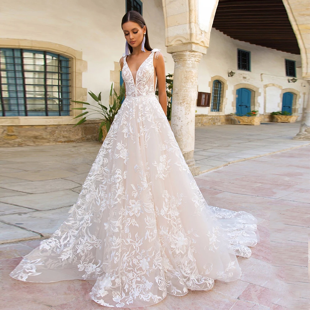 Splendido abito da sposa in pizzo con applicazioni in Tulle a-line per la sposa con scollo a v nappa senza maniche abiti da sposa Sweep Train