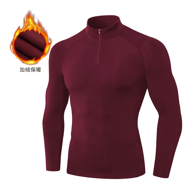 Men autumn and winter with velvet fitness clothes T shirt stretch tight sports running long sleeves warm standing collar hoodie