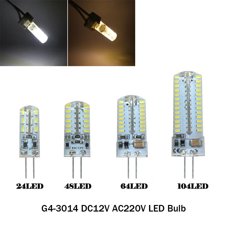 

10pcs/lot G4 Led Bulb DC12V 220V 3014 SMD 24/48/64/104Leds 152LED Warm White/White Silicone Lamp Crystal Plug Bulb LED Light