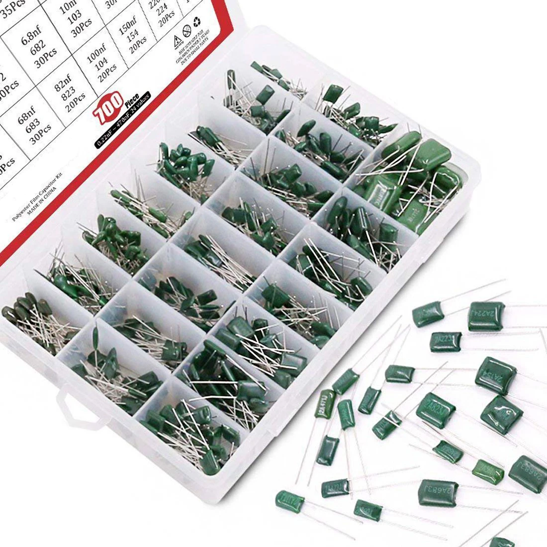 700Pcs 24-Value Mylar Polyester Film Capacitor Assortment Kit - 0.22NF to 470NF