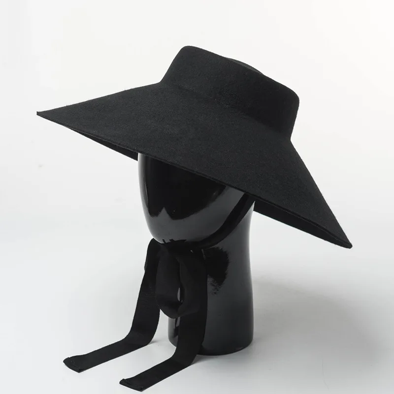 New Style 100% Wool Top Hat With Big Eaves For Fall And Winter Stage Catwalk Concave Felt Big Eaves Fedora Hat