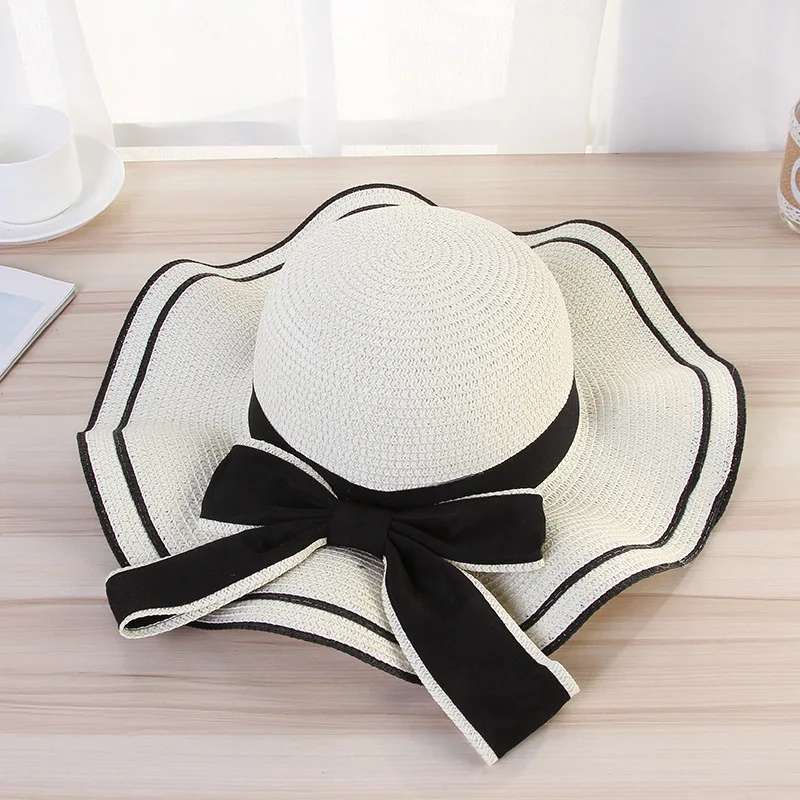 New Summer Women's Boater Beach Hat Wide Side Female Casual Panama Hat Lady Classic Flat Bowknot Straw Sun Hat Women Fedora Gift